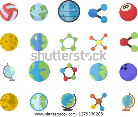 Color flat icon set earth flat vector, molecules, molecule, moon, globe, bowling ball, volleyball, fector