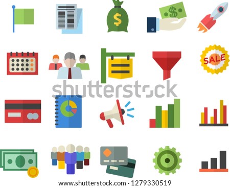 Color flat icon set signboard flat vector, funnel, rocket, cogwheel, chart, cash, credit card, investments, team, wealth, flag, calendar, news, mouthpiece, book balance accounting, sell out