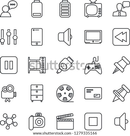 Thin Line Icon Set - clapboard vector, film frame, reel, archive chest, camera, tv, gamepad, settings, video, cell phone, speaker, share, paper pin, battery, low, mail, pause button, stop, rewind