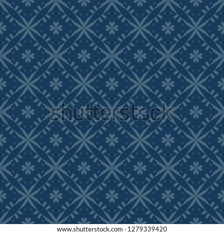 Vector geometric floral pattern. Abstract seamless texture with small flower shapes, diamonds, stars, grid, net. Elegant dark blue ornament background. Repeated design for decor, wallpaper, fabric