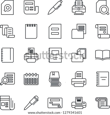 Thin Line Icon Set - contract vector, book, document search, pen, notepad, calendar, printer, folder, news, copybook, schedule