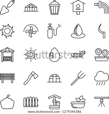 Thin Line Icon Set - trowel vector, farm fork, ripper, fence, watering, water drop, sun, rain, well, sickle, axe, bench, pumpkin, garden light, greenhouse, caterpillar, bird house, sprayer, salad