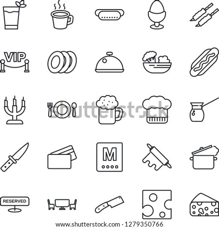 Thin Line Icon Set - coffee vector, dish, cafe, cook hat, menu, reserved, phyto bar, beer, salad, plates, egg stand, candle, table, vip zone, credit card, kebab, hot dog, rolling pin, knife, turkish