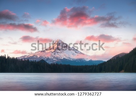Mount Hood reflecting in Lost Lake at sunrise, in Mount Hood National Forest, Oregonstate. USA. Nature background concept. Royalty-Free Stock Photo #1279362727