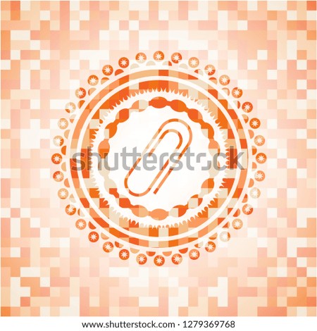 paper clip icon inside orange tile background illustration. Square geometric mosaic seamless pattern with emblem inside.