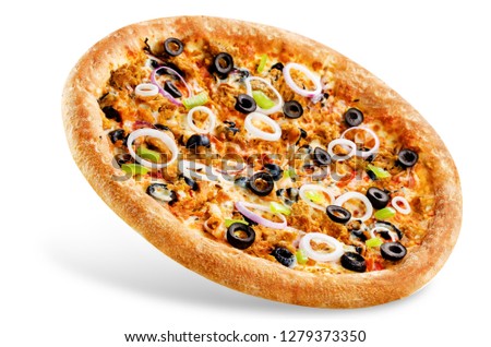Pizza with tuna, olives, green pepper and red onion isolated. toning. selective focus Royalty-Free Stock Photo #1279373350