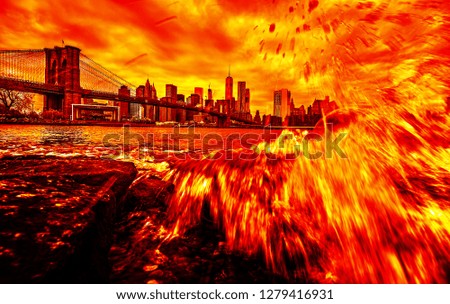 Manhattan skyline and Brooklyn Bridge with splashes of waves at the East river. Image in dramatic dark red tonality