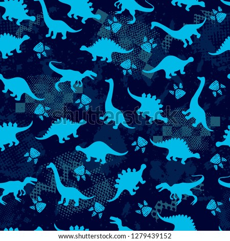 Cute kids dinosaurs pattern for girls and boys. Colorful dinosaurs on the abstract grunge background.. The dinosaurs pattern is made in neon colors. Urban pattern. backdrop for textile and fabric. Royalty-Free Stock Photo #1279439152