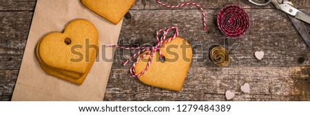 Valentines Day Heart Shaped Cookies on Wooden Background. Panoramic image. Selective focus.