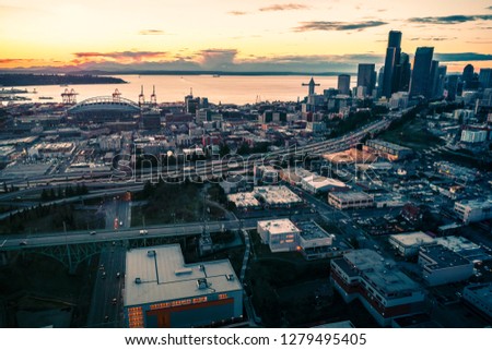 Seattle Waterfront Skyline Aerial with Colorful Sunset Afterglow