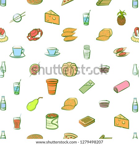 Various food related images set. Background for printing, design, web. Usable as icons. Seamless. Colored.