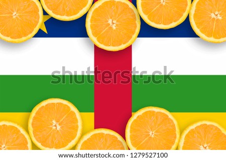 Central African Republic flag  in citrus fruit slices horizontal frame