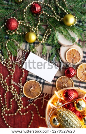 Beautiful mock up with white sheet of paper and holiday winter decoration