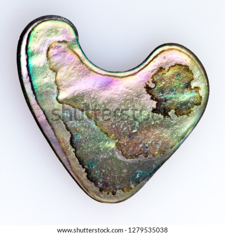 Heart-shaped piece of natural nacre mother-of-pearl of Paua, Perlemoen or Abalone shell found on Pacific Ocean beach Royalty-Free Stock Photo #1279535038
