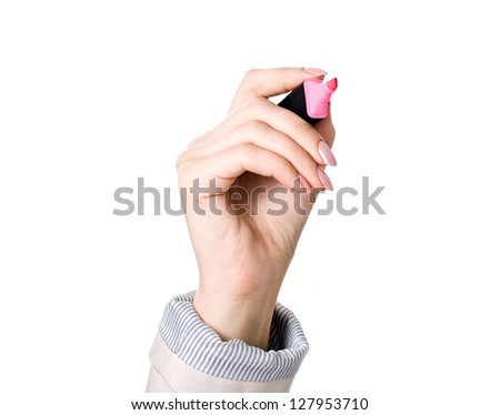 Hand with marker isolated on white background