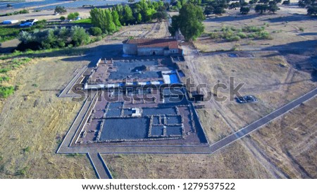 Roman ruins of Turobriga in Aroche. Huelva. Andalusia. Spain. Drone Photo