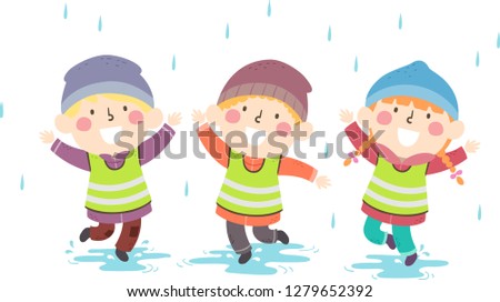 Illustration of Kids Outdoors Enjoying Rain Shower Outdoors