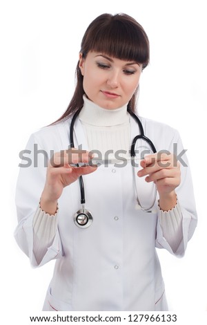 Picture of attractive female doctor with thermometer