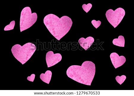Group of pink color hearts confetti on black background, Heart shaped paper floating up in the air, Symbols and illustrations for festival of love with Valentine's Day and Health care concept