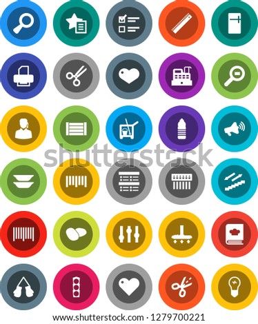 White Solid Icon Set- cleaner trolley vector, vacuum, cookbook, plates, potato, ruler, exam, boxing glove, water bottle, stairways run, traffic light, wood box, cargo search, barcode, loudspeaker