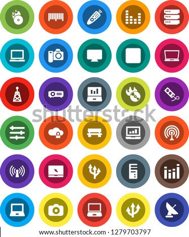 White Solid Icon Set- notebook pc vector, laptop graph, music hit, camera, antenna, equalizer, remote control, stop button, cloud lock, big data, bench, route arrow, wireless, barcode, monitor