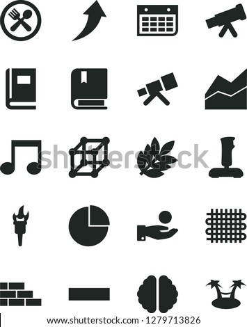 Solid Black Vector Icon Set - minus vector, pie chart, line, e, brick wall, weaving, catch a coin, calendar, note, joystick, telescope, brain, book, biology, 3d cube, flame torch, arrow up, cafe