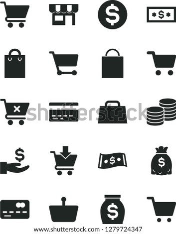 Solid Black Vector Icon Set - paper bag vector, bank card, cart, put in, crossed, kiosk, coins, shopping, basket, front of the, dollar, get a wage, money, dollars, hand