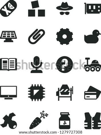 Solid Black Vector Icon Set - truck lorry vector, hat with glasses, question, baby duckling, tumbler, cubes for children, concrete mixer, book, screen, clip, jar of jam, carrot, smd, pc card, credit