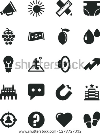Solid Black Vector Icon Set - horn vector, growth up, loudspeaker, question, nappy, writing accessories, temperature, heart, bulb, large grape, lemon, industrial factory, drop, horseshoe magnet, sun