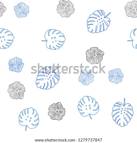 Dark BLUE vector seamless doodle texture with flowers, leaves. Sketchy doodles on white background. Texture for window blinds, curtains.