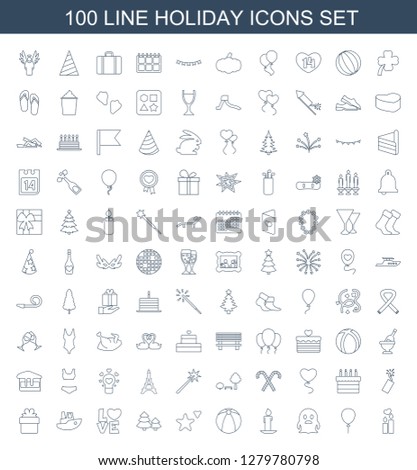 100 holiday icons. Trendy holiday icons white background. Included line icons such as candle heart, balloon, ghost, candle, plastic ball, cookie. holiday icon for web and mobile.