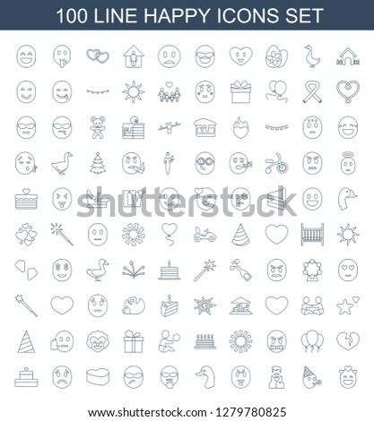 happy icons. Trendy 100 happy icons. Contain icons such as in love, party emot, Casino boy, showing tongue emot, goose, cool emot, cool emot in sunglasses. happy icon for web and mobile.