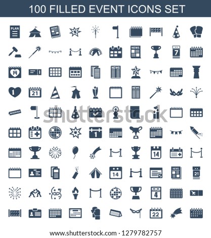 100 event icons. Trendy event icons white background. Included filled icons such as calendar, falling star, mask, boxing gloves, badge, fence, ticket. event icon for web and mobile.
