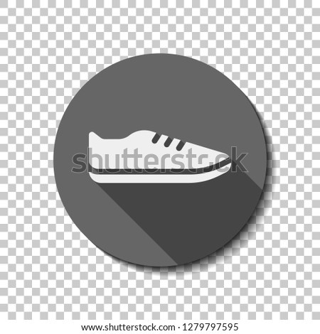 Shoe or sneaker, icon of sport. flat icon, long shadow, circle, transparent grid. Badge or sticker style