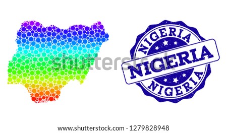 Dot spectrum map of Nigeria and blue grunge round stamp seal. Vector geographic map in bright spectrum gradient colors on a white background.