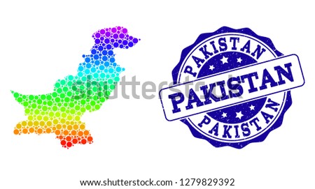 Dot rainbow map of Pakistan and blue grunge round stamp seal. Vector geographic map in bright rainbow gradient colors on a white background.