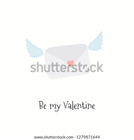 Hand drawn card with cute flying love letter, heart, text Be my Valentine. Isolated objects on white background. Vector illustration. Scandinavian style flat design. Concept for kids print.