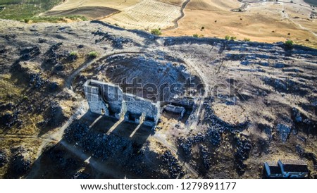 Aerial view by Drone in Roman ruins of Acinipo in Ronda, Malaga. Andalusia, Spain