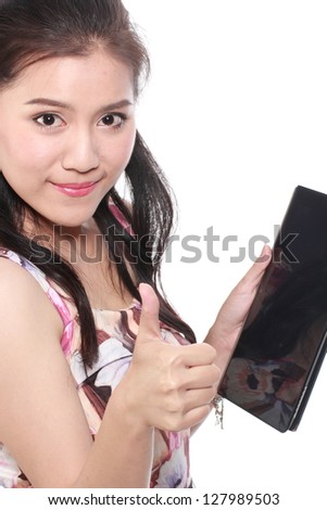 Tablet computer woman/Tablet computer. Woman using digital tablet computer PC smiling happy isolated on white background.