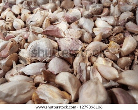 Fresh garlic on market table closeup photo. Vitamin healthy food spice image. Spicy cooking ingredient picture. Pile of white garlic heads. White garlic head heap top view 