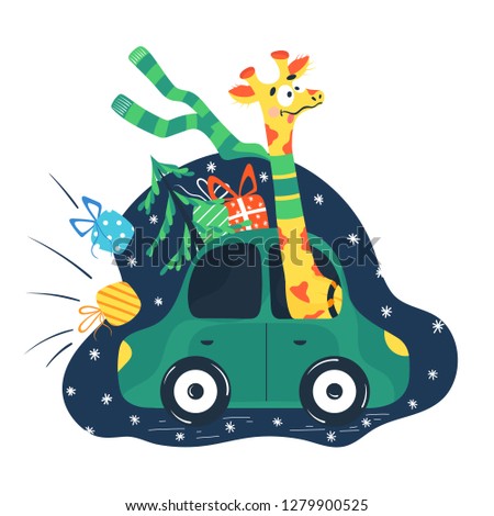 Giraffe Christmas rides in a car with gifts and a Christmas tree.Stock flat illustration.