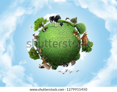 Green peace earth, miniature planet, globe concept showing a green, peaceful and animals poultry life  Royalty-Free Stock Photo #1279915450