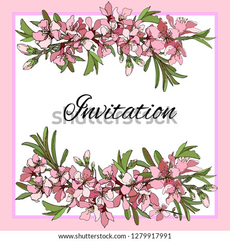 Floral frame for text with pink flowers for invitations, cards, greetings on a white background. Vector hand-drawn illustration.