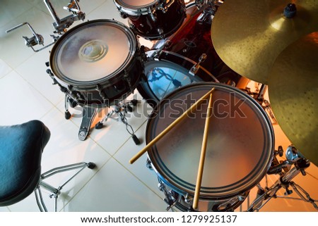 Musical drum set for drummer. View from above