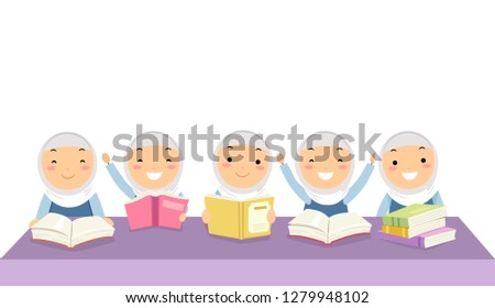 Illustration of Stickman Kids Girls Sitting Down in Classroom Reading a Book