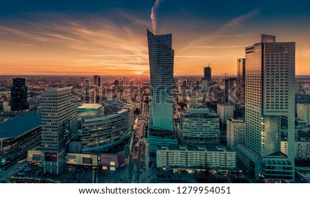 Warsaw cityscape. Panoramic view on the city buildings during the sunset in the capital of Poland. Royalty-Free Stock Photo #1279954051