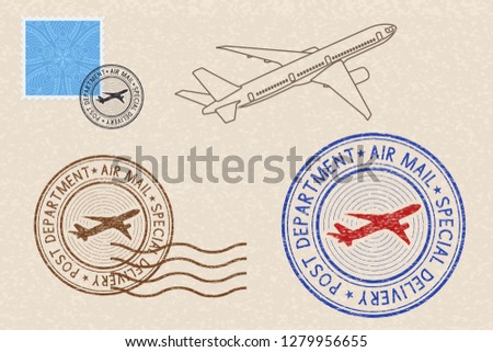 Postmarks and postal elements on beige background. Illustration. Raster version