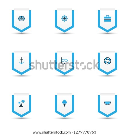 Summer icons colored set with armature, sorbet, goggles and other lifebuoy elements. Isolated vector illustration summer icons.