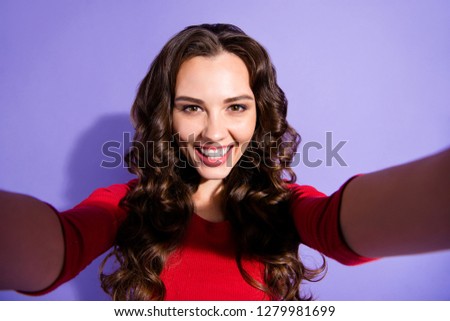 Close up photo of attractive pretty brunette she her girl speaking with relatives family by telephone camera glad to see love people person wearing red sweater on violet background