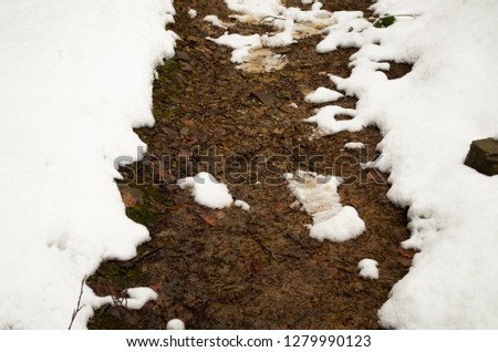 A picture with a brown part of the ground surrounded with snow. Nice winter background. Natural texture.